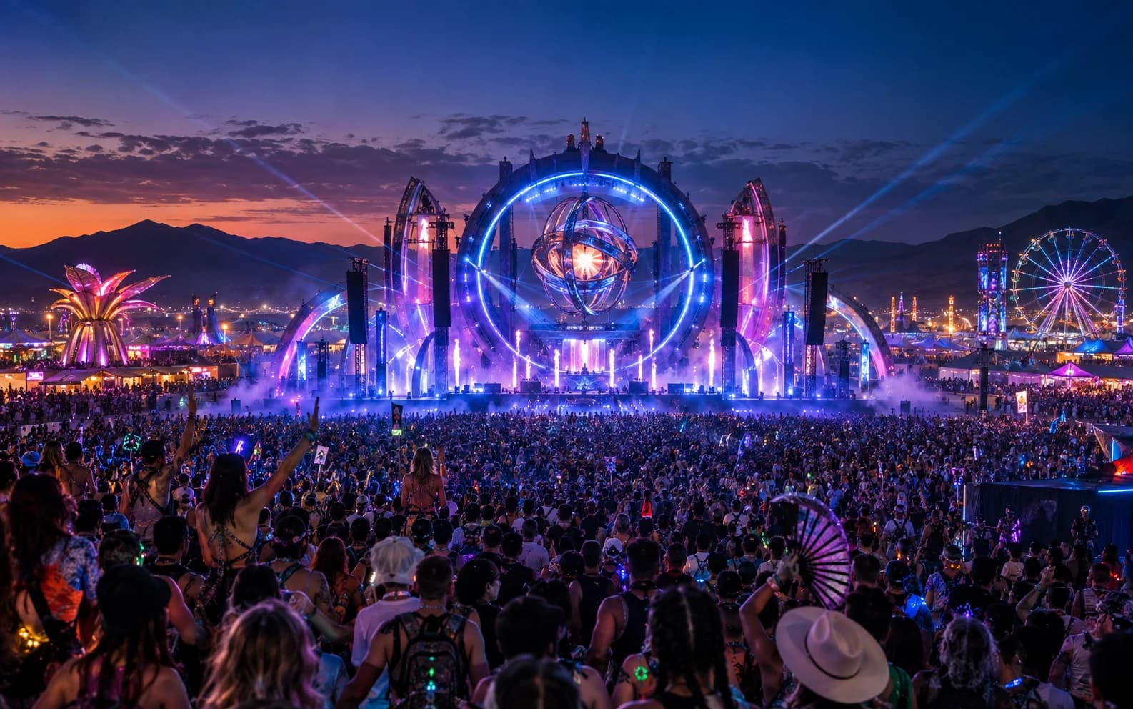 An outdoor festival crowd facing an illuminated stage at dusk, with mountains and a Ferris wheel
